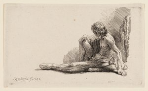 片足を伸ばして地面に座る裸の男 作： Rembrandt van Rijn