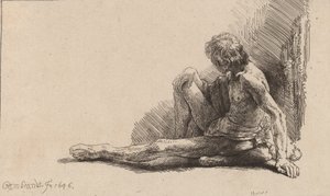片足を伸ばして地面に座る裸の男、1646年。 作： Rembrandt van Rijn