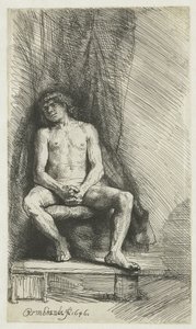カーテンの前に座っている裸の若い男 カーテンの前に座っている裸の男 作： Rembrandt van Rijn
