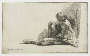 片足を伸ばして地面に座っている裸の男 作： Rembrandt van Rijn