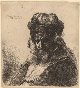 高い毛皮の帽子をかぶったひげを生やした老人、目を閉じて 作： Rembrandt van Rijn