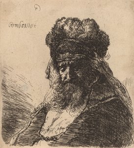 目を閉じた高い毛皮の帽子をかぶったひげを生やした老人、c。 1635年。 作： Rembrandt van Rijn
