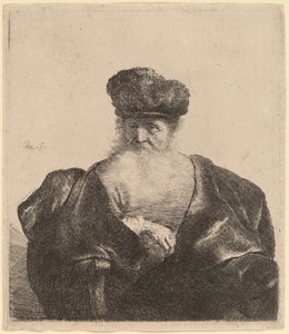 あごひげ、毛皮の帽子、ビロードのマントの老人 作： Rembrandt van Rijn