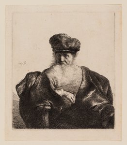 あごひげ、毛皮の帽子、ビロードのマントの老人 作： Rembrandt van Rijn