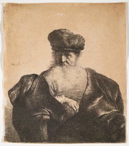 ひげを生やし、毛皮の帽子とベルベットのマントをまとった老人 作： Rembrandt van Rijn