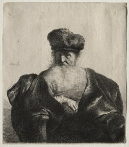 ひげ、毛皮の帽子、ベルベットのマントを持つ老人c。 1632。 作： Rembrandt van Rijn