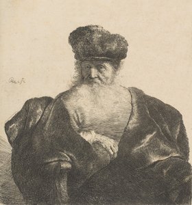 あごひげ、毛皮の帽子、ビロードのマントを着た老人。 1631年頃。 1631年。 作： Rembrandt van Rijn