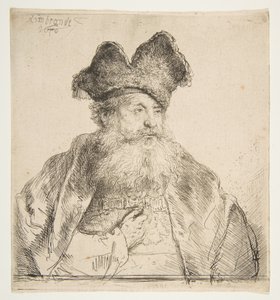 分割された毛皮の帽子をかぶった老人。 作： Rembrandt van Rijn