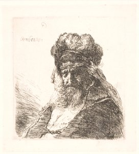 高い毛皮の帽子をかぶったひげを生やした老人、目を閉じて 作： Rembrandt van Rijn