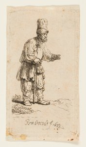 高い帽子をかぶった農民、棒に寄りかかって立っている 作： Rembrandt van Rijn