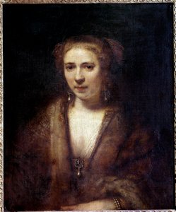 画家の仲間であるベルベットのベレー帽をかぶったHendrickje Stoffels（1625-1663）の肖像 ハーメンス・ファン・レインの絵画 レンブラント（1606-1669） 17世紀 日。0.61×0.74m 作： Rembrandt van Rijn
