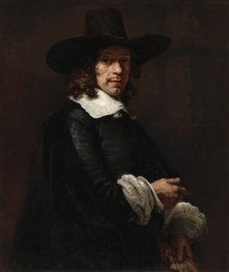 背の高い帽子と手袋をはめた紳士の肖像、c. 16561658。 作： Rembrandt van Rijn