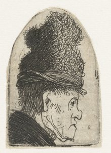 高い帽子をかぶった男の横顔 グロテスクなプロフィール: ハイキャップの男 作： Rembrandt van Rijn