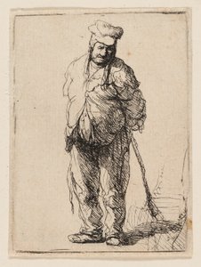 ぼろぼろの農民が手を後ろに持ち、棒を持っている 作： Rembrandt van Rijn