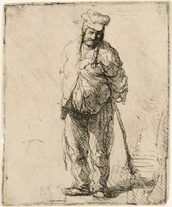 ぼろぼろの農民が手を後ろに持ち、棒を持っている、1630 年頃。 作： Rembrandt van Rijn
