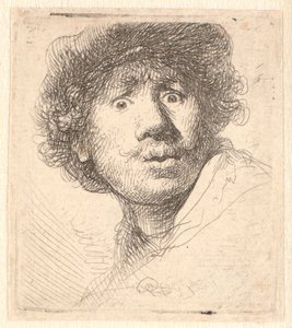 帽子をかぶったレンブラント、口を開けて見つめている: バストの輪郭 作： Rembrandt van Rijn