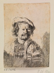 フラットキャップと刺繍入りのドレスを着たレンブラント 作： Rembrandt van Rijn