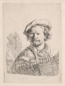肩にショールを巻いた平らな帽子をかぶったレンブラント 作： Rembrandt van Rijn