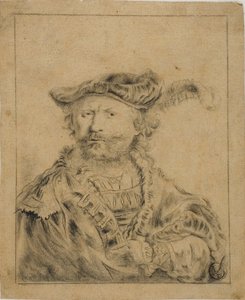 羽根飾り付きの帽子をかぶったレンブラント 作： Rembrandt van Rijn