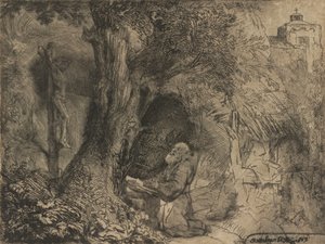 木の下で祈る聖フランチェスコ、1657年。 作： Rembrandt van Rijn