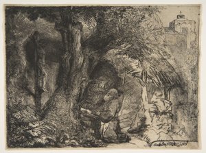 木の下で祈る聖フランシスコ、1657年。 作： Rembrandt van Rijn