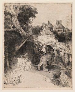 イタリアの風景の中で読書する聖ヒエロニムス 作： Rembrandt van Rijn
