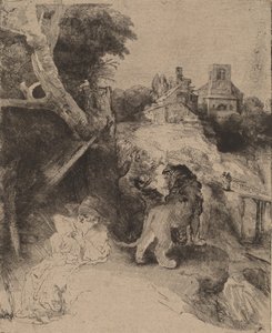 イタリアの風景の中で読書する聖ジェローム、c。 1653年。 作： Rembrandt van Rijn