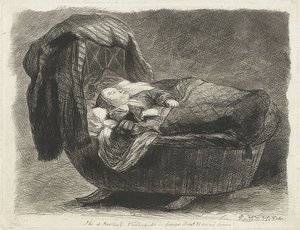 ゆりかごで眠っている子供（ゆりかごで平手打ち） 作： Rembrandt van Rijn