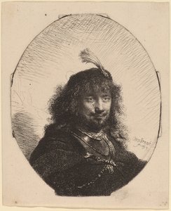 自画像 (?) 羽毛帽と下げたサーベル 作： Rembrandt van Rijn