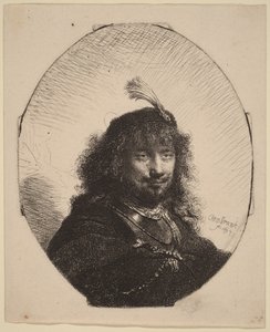 羽飾りのついた帽子をかぶり、サーベルを下ろした自画像（？） 作： Rembrandt van Rijn