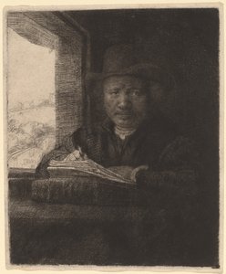 窓辺で自画像を描く 作： Rembrandt van Rijn