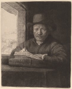 窓辺で自画像を描く 作： Rembrandt van Rijn