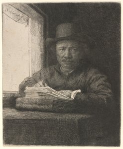窓辺で自画像を描く 作： Rembrandt van Rijn