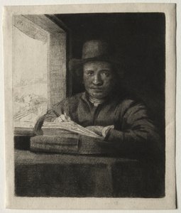 窓辺で自画像を描く 作： Rembrandt van Rijn