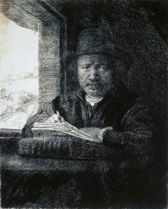 窓際の自画像の描画、1648年。 作： Rembrandt van Rijn