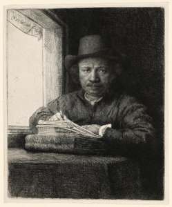 窓際の自画像エッチング 作： Rembrandt van Rijn