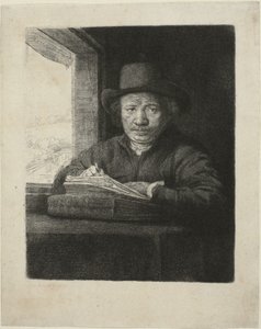窓際の自画像エッチング 作： Rembrandt van Rijn