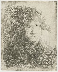 自画像、前かがみ、聞いている、1628年。 作： Rembrandt van Rijn