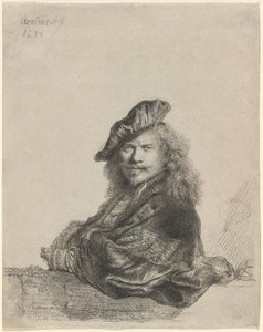 石の敷居に寄りかかる自画像 作： Rembrandt van Rijn