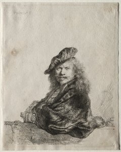 石の敷居に寄りかかる自画像、1639年。 作： Rembrandt van Rijn