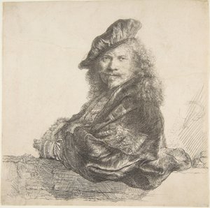 石の壁に寄りかかって自画像、1639年。 作： Rembrandt van Rijn