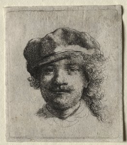 柔らかい帽子をかぶった自画像：顔全体、頭のみ、c。 1634年。 作： Rembrandt van Rijn