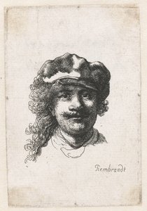 ソフトキャップをかぶった自画像：フルフェイス、ヘッドのみ、c。 1635年。 作： Rembrandt van Rijn