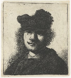 帽子とダーク マントの自画像: 胸像、1631 年頃。 作： Rembrandt van Rijn