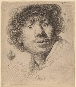 帽子の自画像、口を開けて 作： Rembrandt van Rijn