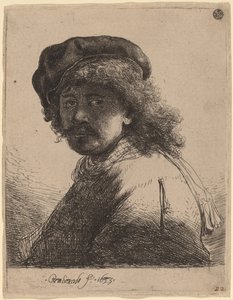 帽子とマフラーの自画像、顔は暗い 作： Rembrandt van Rijn