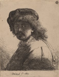 帽子とスカーフを身にまとい、顔が暗い自画像、1633 年。 作： Rembrandt van Rijn