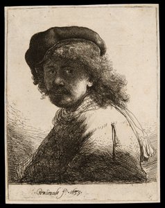 帽子とマフラーの自画像 暗い顔：バスト 作： Rembrandt van Rijn
