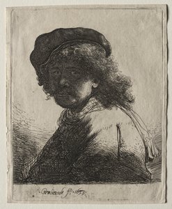 帽子とマフラーの自画像 暗い顔：バスト 作： Rembrandt van Rijn