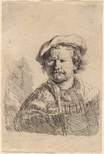 フラットキャップと刺繍ドレスの自画像 作： Rembrandt van Rijn